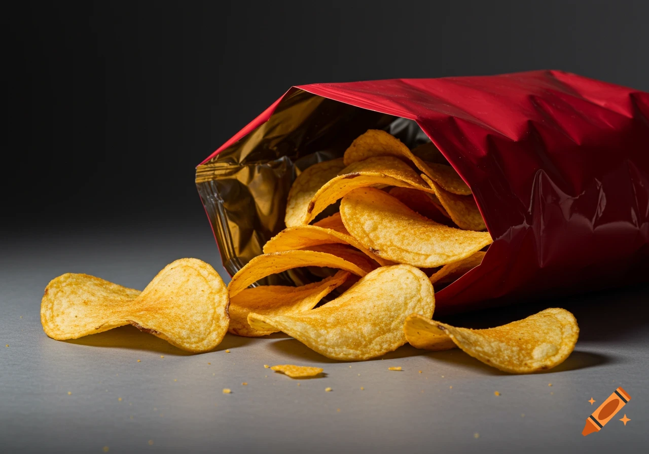 Potato chips spill from a red bag onto a grey surface in a studio photo.