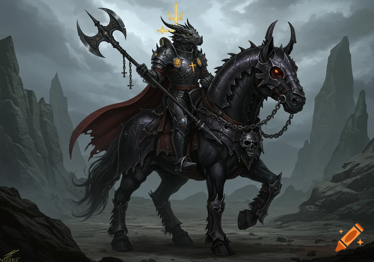 A dark fantasy illustration of a dragonborn knight riding a black armored horse in a rocky landscape.