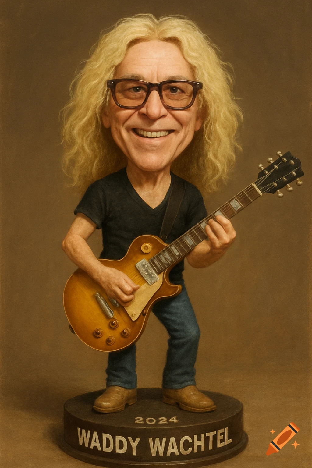 Caricature bobblehead of a man with blonde hair and glasses playing a guitar, standing on a base.