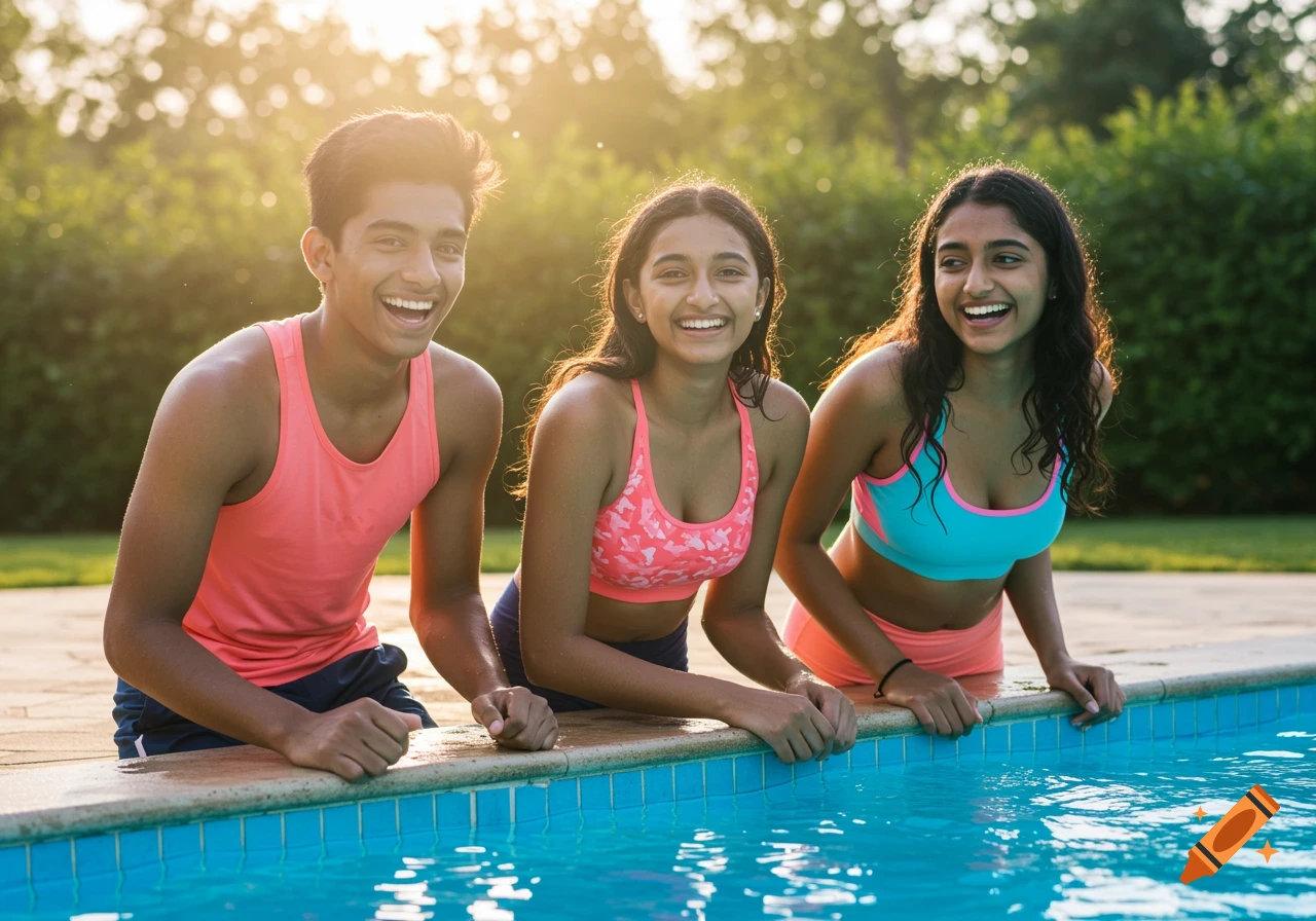 Three smiling Indian teenagers, two girls and a boy, stand by a swimming pool on a sunny day.
