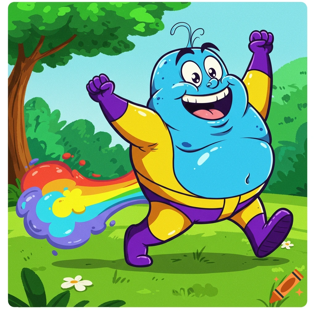 A cartoon character with big eyes and antenna runs in a park, farting a rainbow.