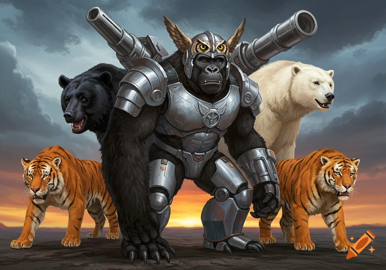 A giant gorilla in silver armor with cannons on its back stands between two tigers, a black bear, and a polar bear in a desolate landscape.