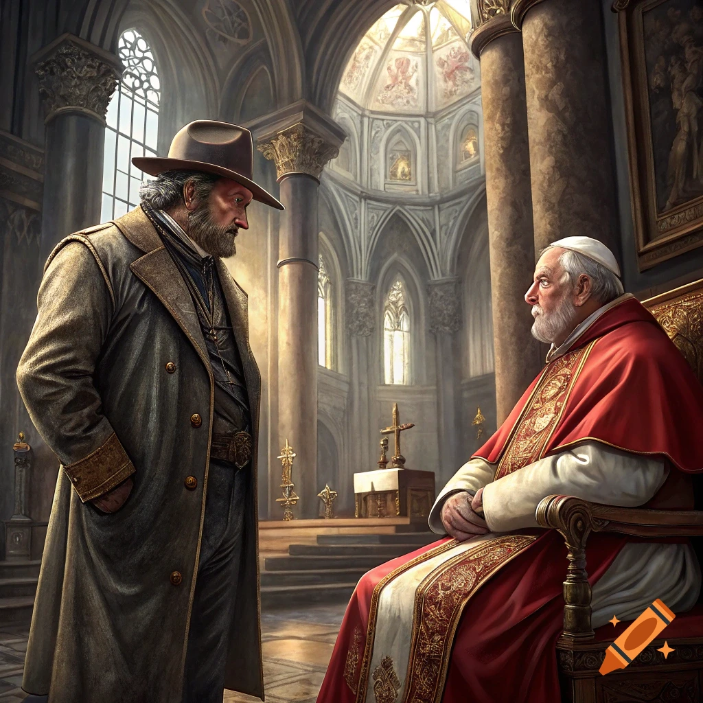 A man in a cowboy hat stands facing a seated Pope in a large, ornate church.