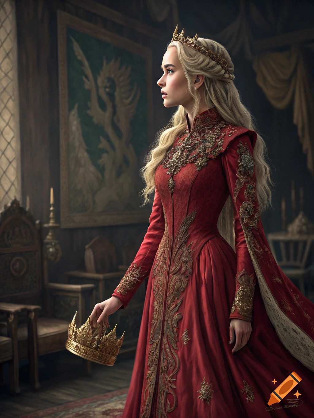 A woman resembling Daenerys Targaryen in a red and gold Tudor-style gown holding a crown in a detailed room.
