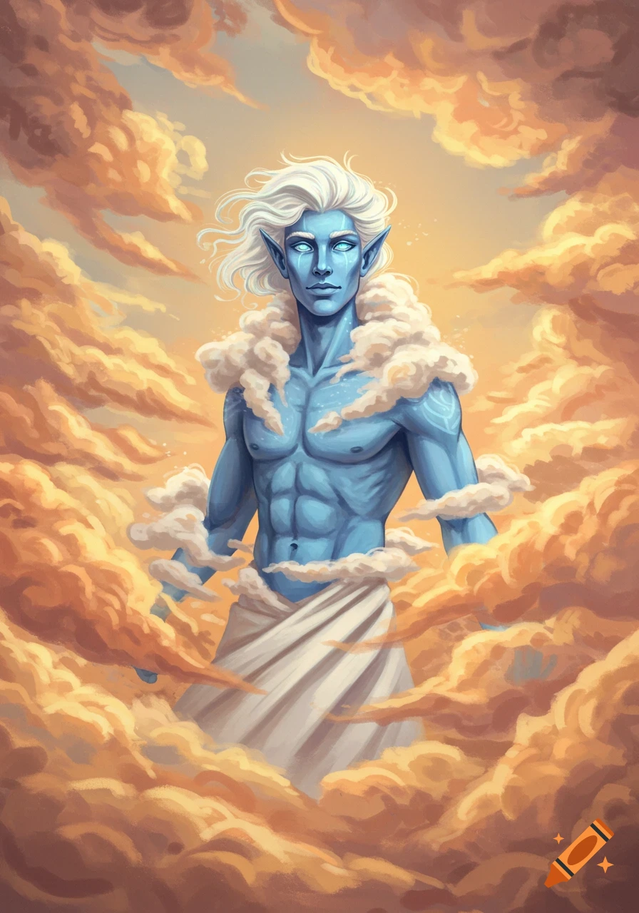 Blue-skinned male fantasy character with white cloud-like hair standing among orange clouds.