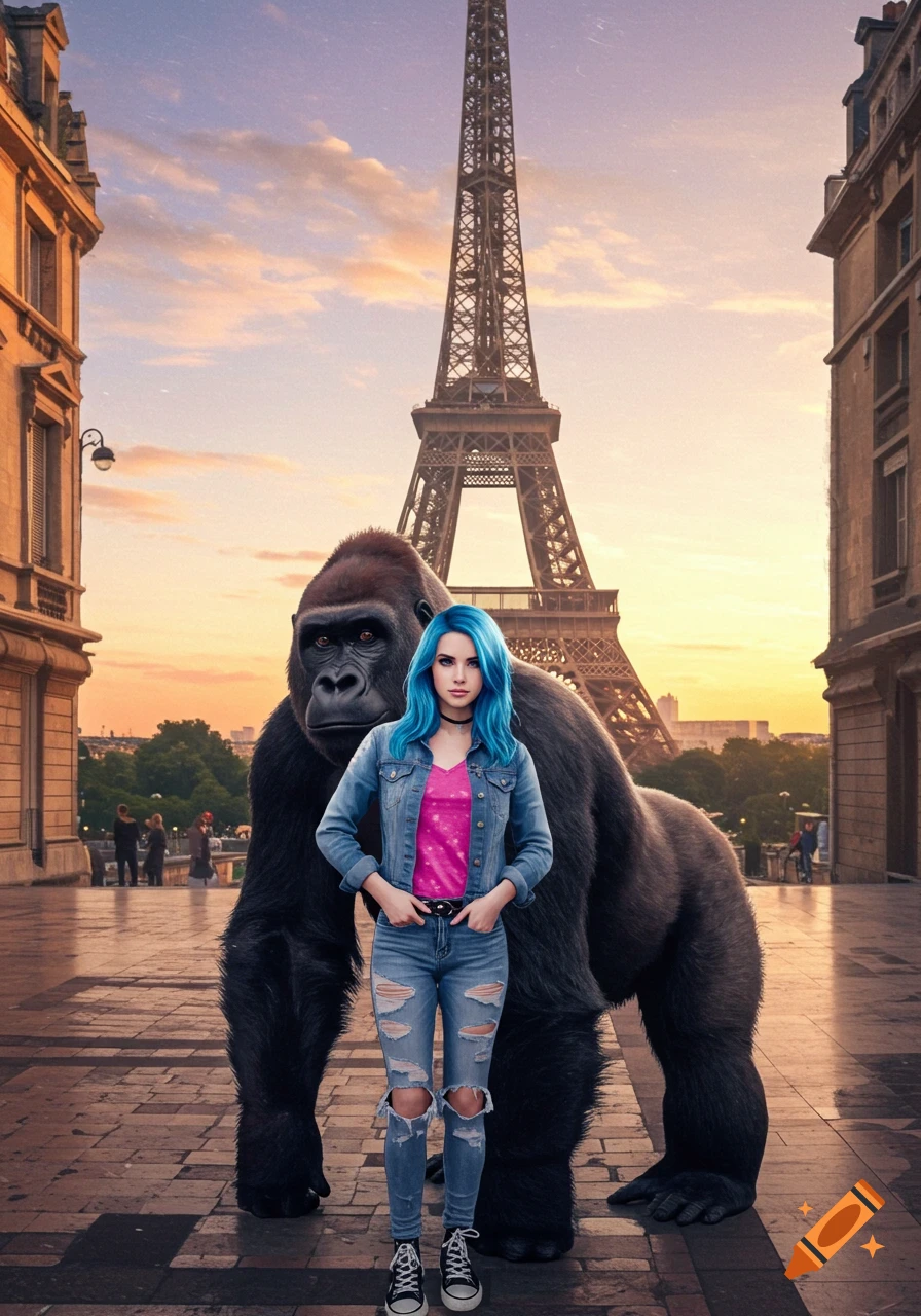 A woman with blue hair stands with a gorilla in front of the Eiffel Tower at sunset.