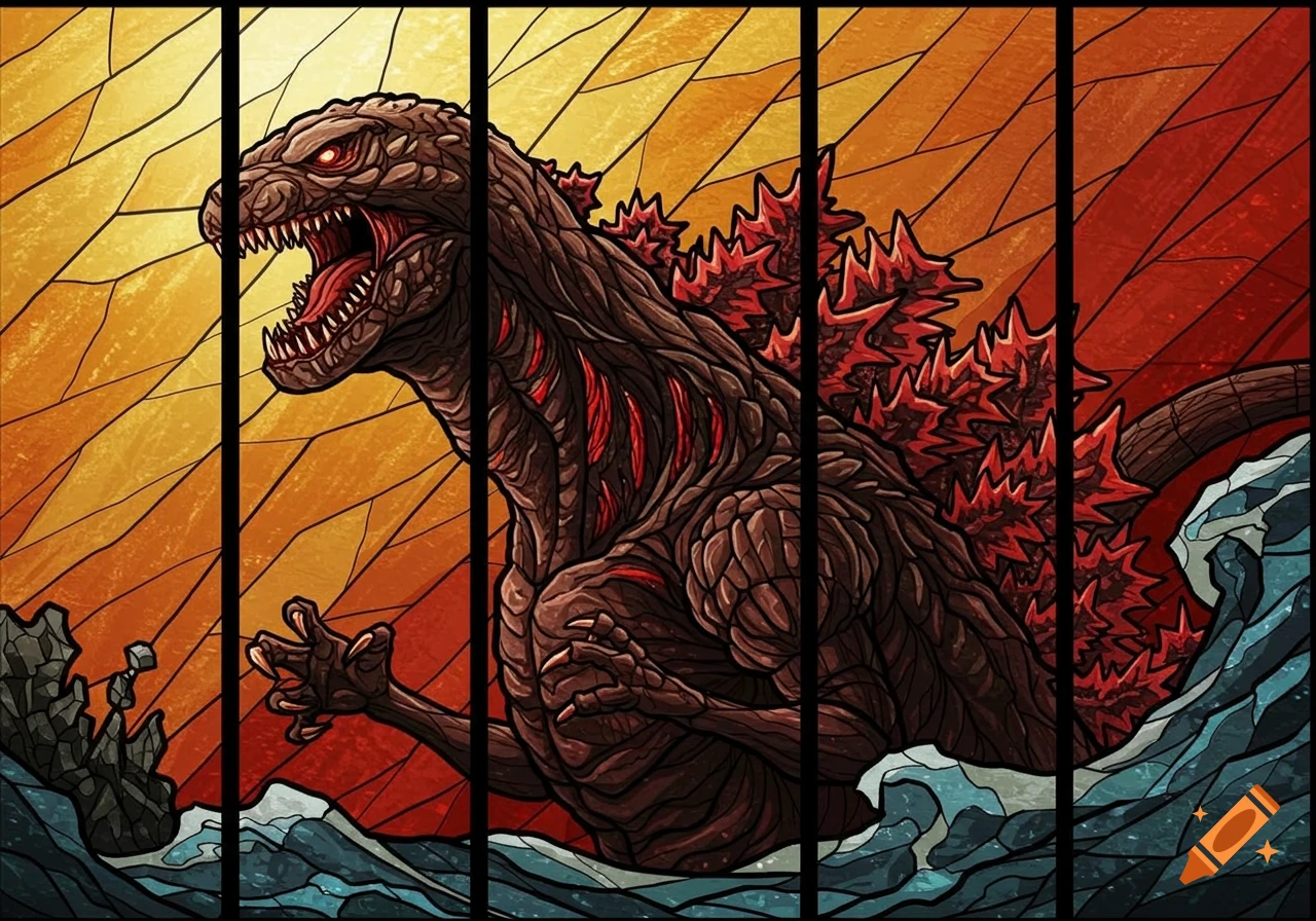 Godzilla depicted in a stained glass art style