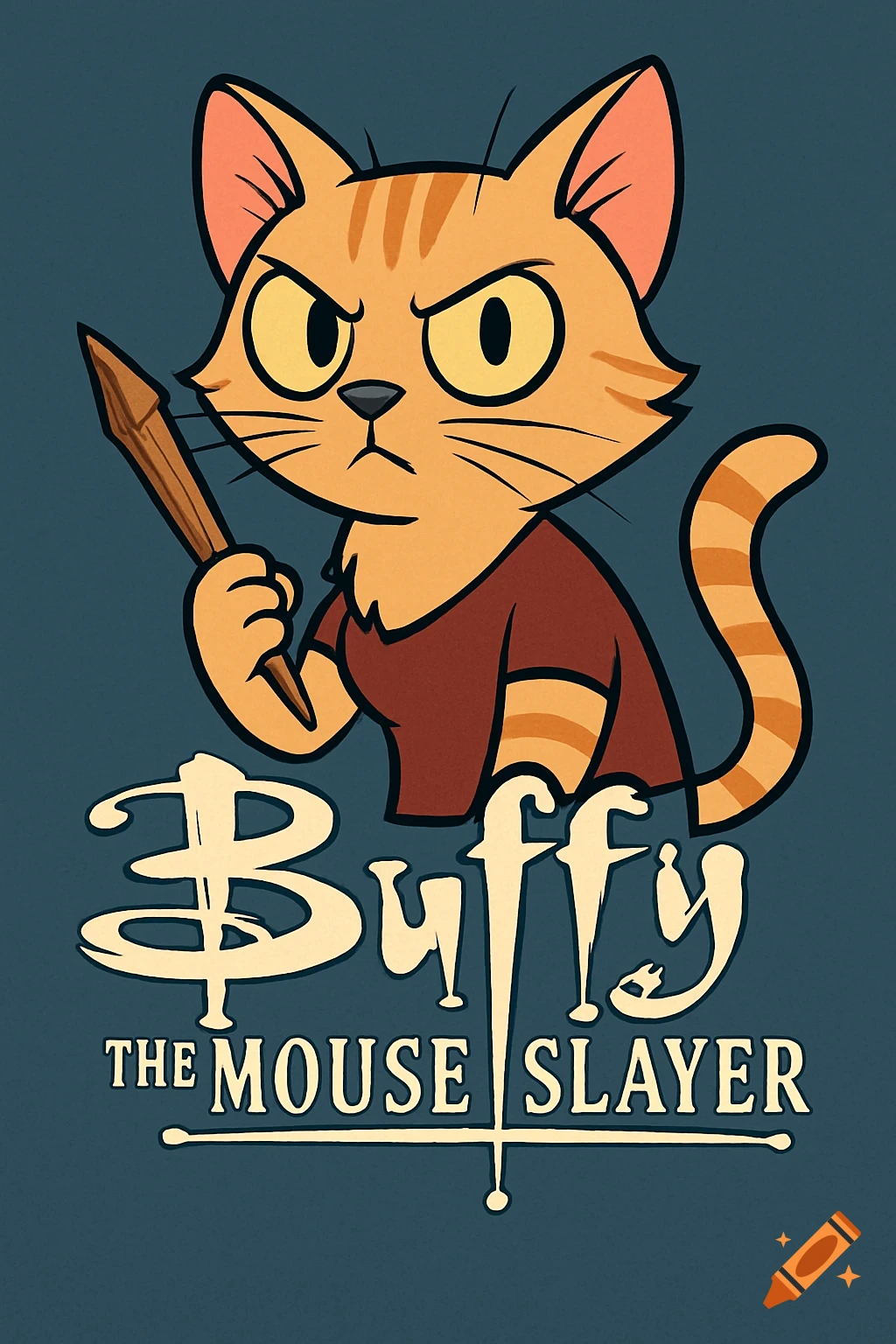 Cartoon cat holding a stake, with text Buffy THE MOUSE SLAYER.
