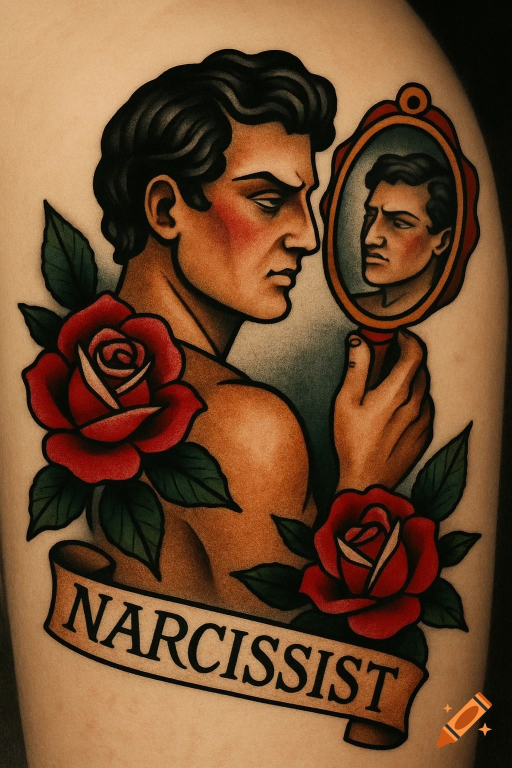 Tattoo illustration of a man looking in a mirror, surrounded by roses, with a banner saying NARCISSIST.