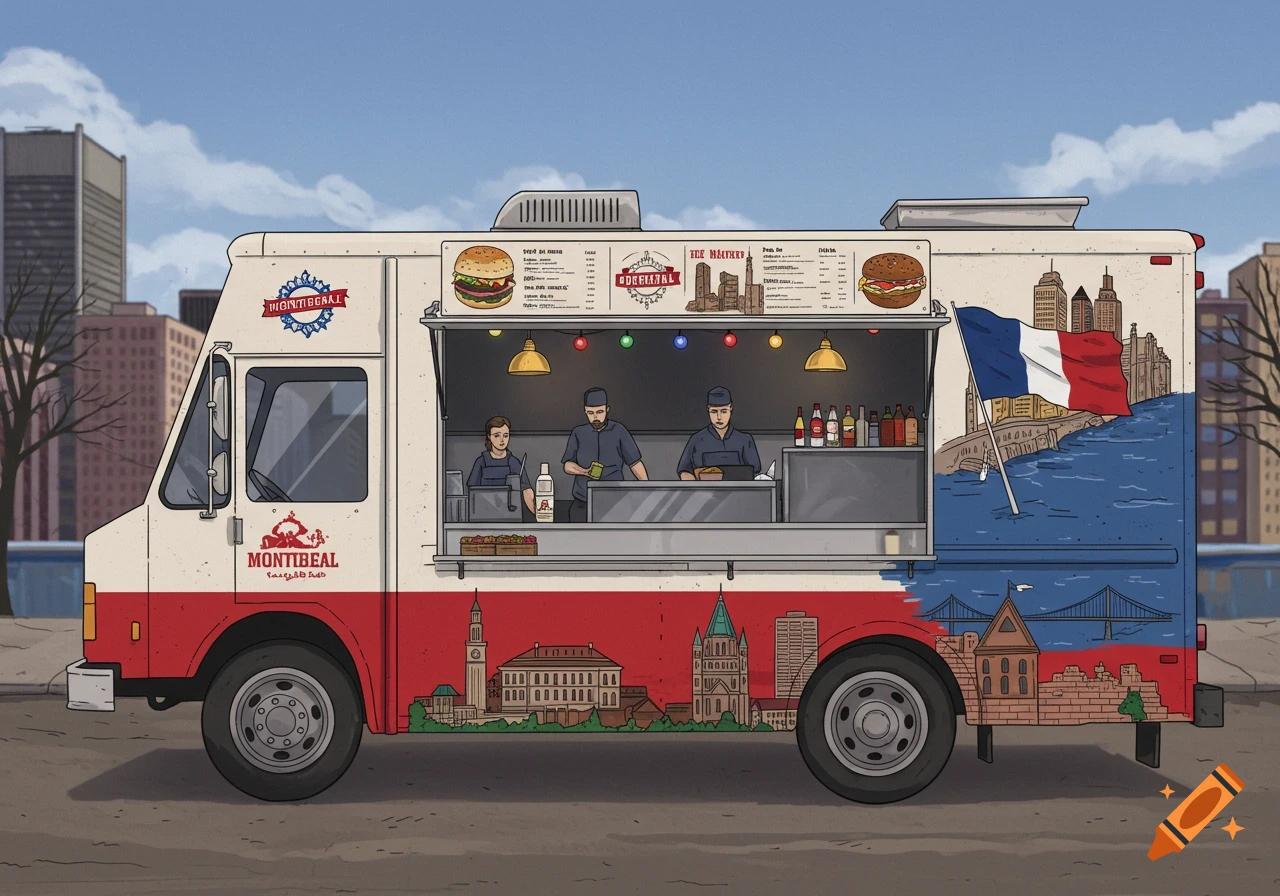 Illustration of a food truck decorated with Montreal landmarks and a French flag, with workers inside.