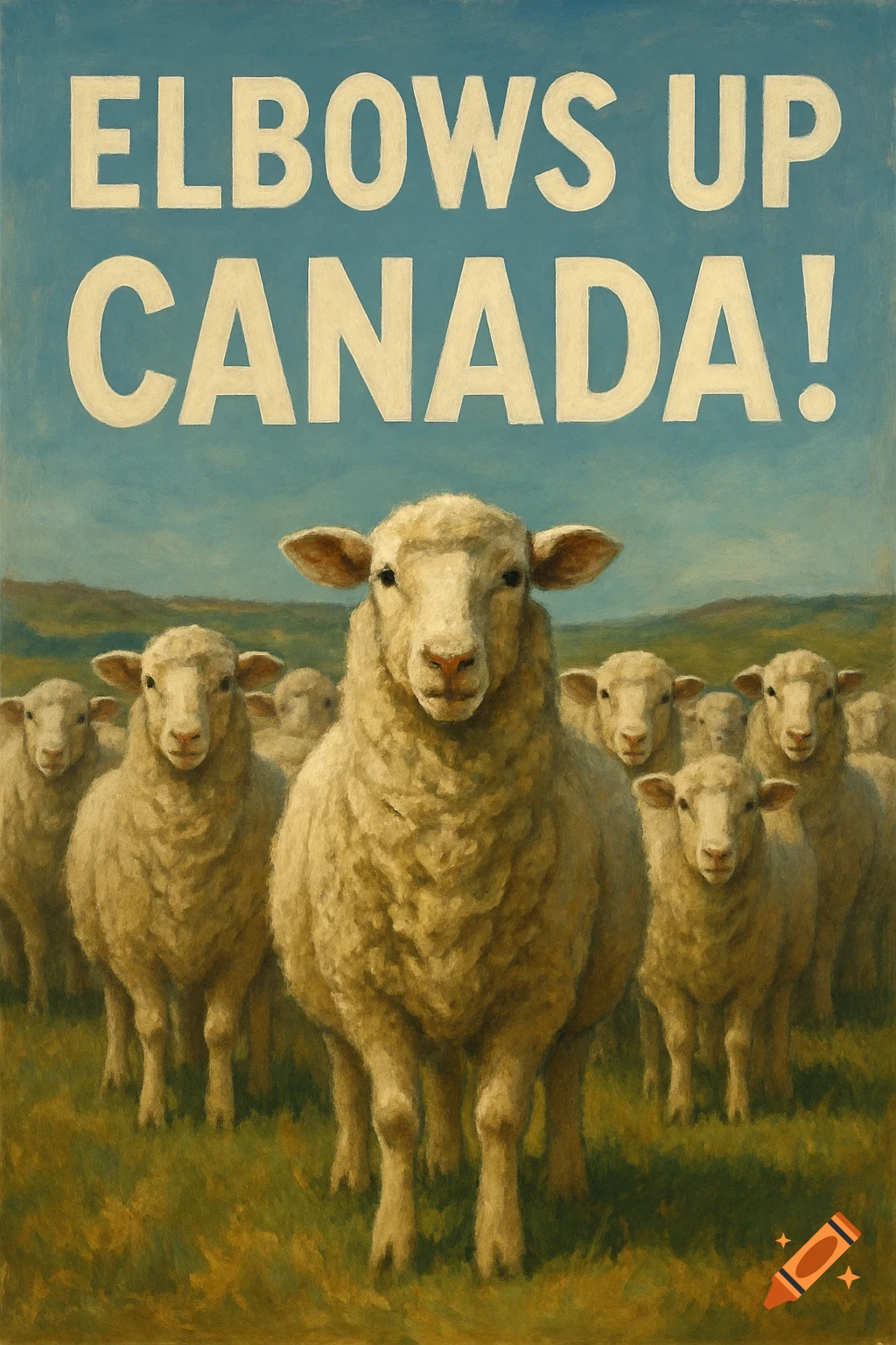 A herd of sheep in a field with the text 'ELBOWS UP CANADA!' above them. Painted style.