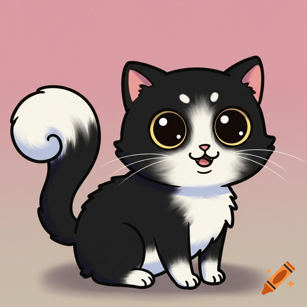 A cute black and white cartoon cat sits