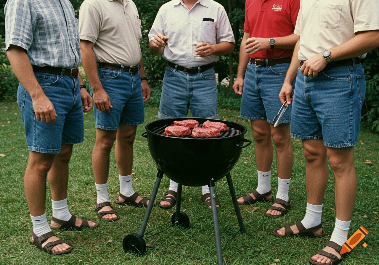 Men in jean shorts, white socks, and sandals grilling steaks.
