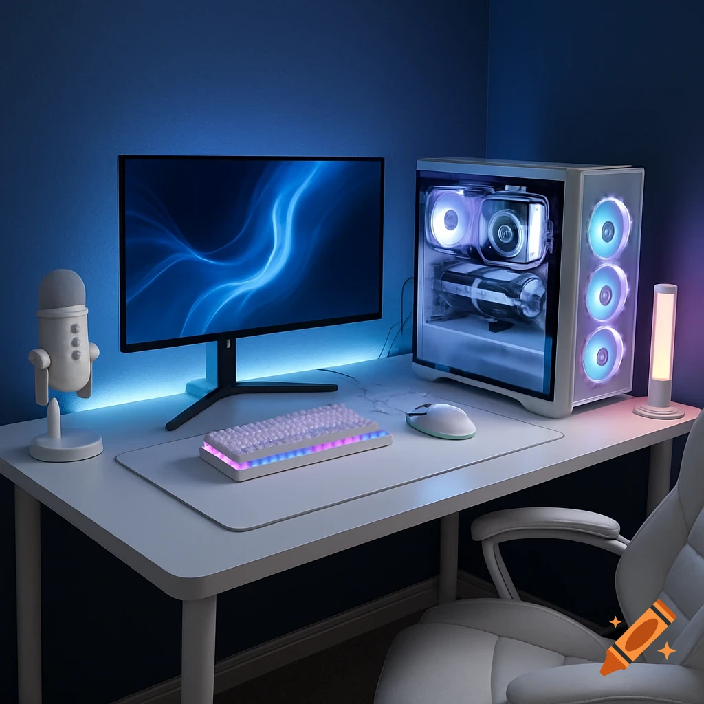 A white gaming setup on a desk with a monitor, computer, keyboard, mouse, microphone, and chair against a blue wall, illuminated by RGB lights.