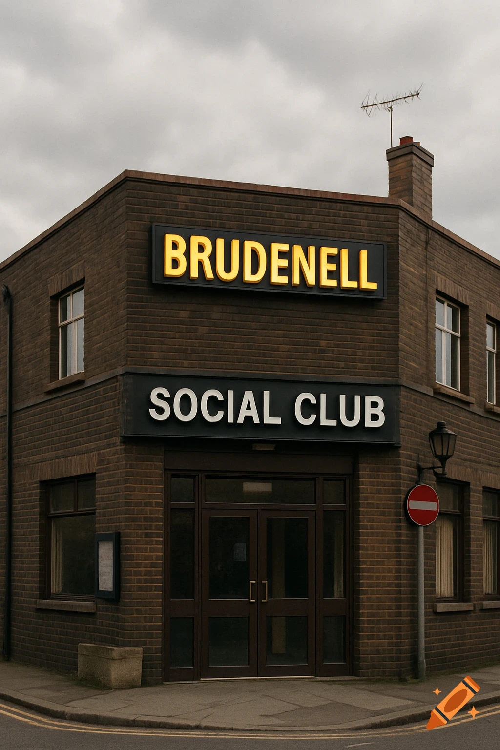 Exterior view of the Brudenell Social Club building with signs under a cloudy sky.