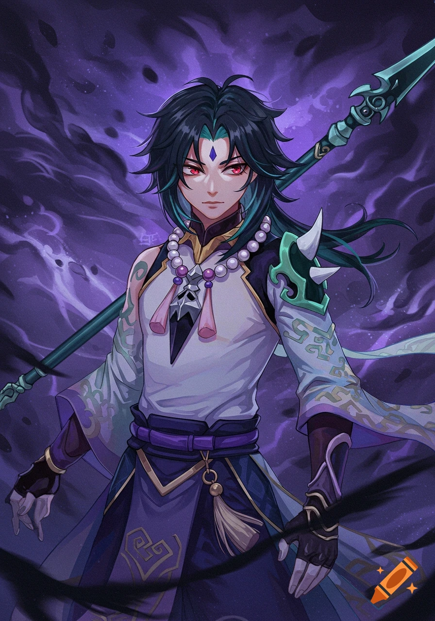 An anime-style portrait of Xiao from Genshin Impact, holding a polearm against a purple, stormy background.