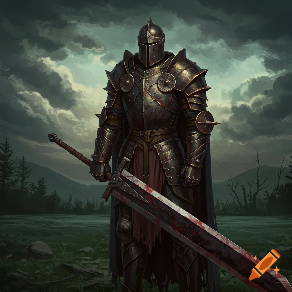 Dark fantasy knight in full armor holding a bloody sword in a field under cloudy sky.