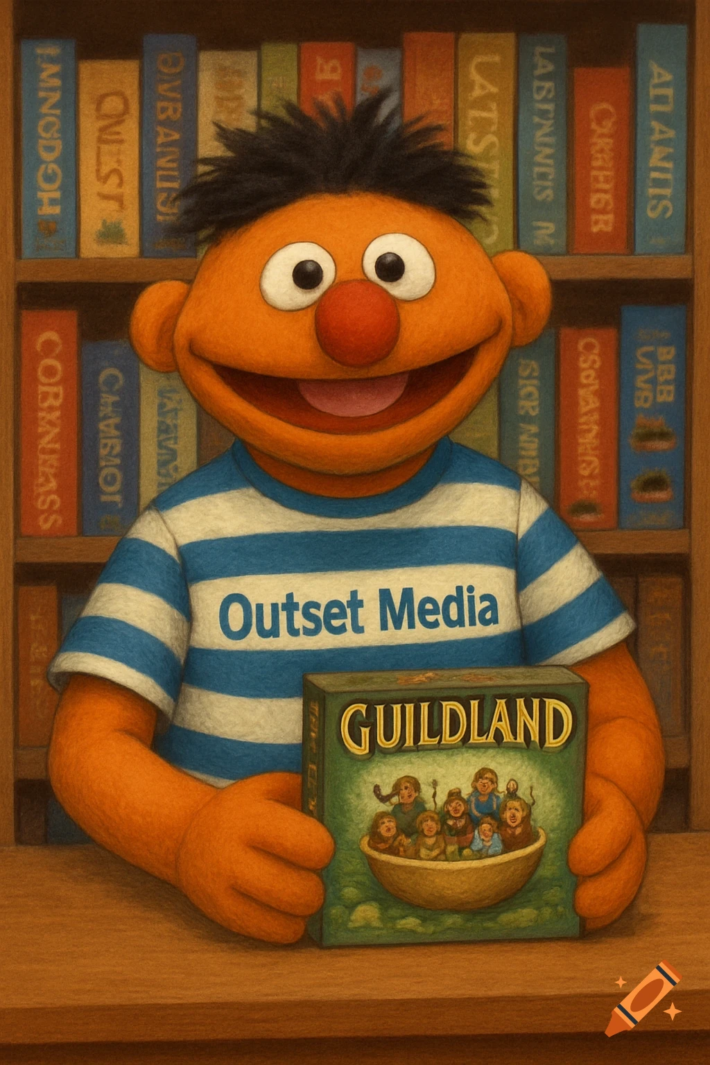 Ernie-like puppet character wearing a striped shirt and holding a board game in front of a bookshelf.