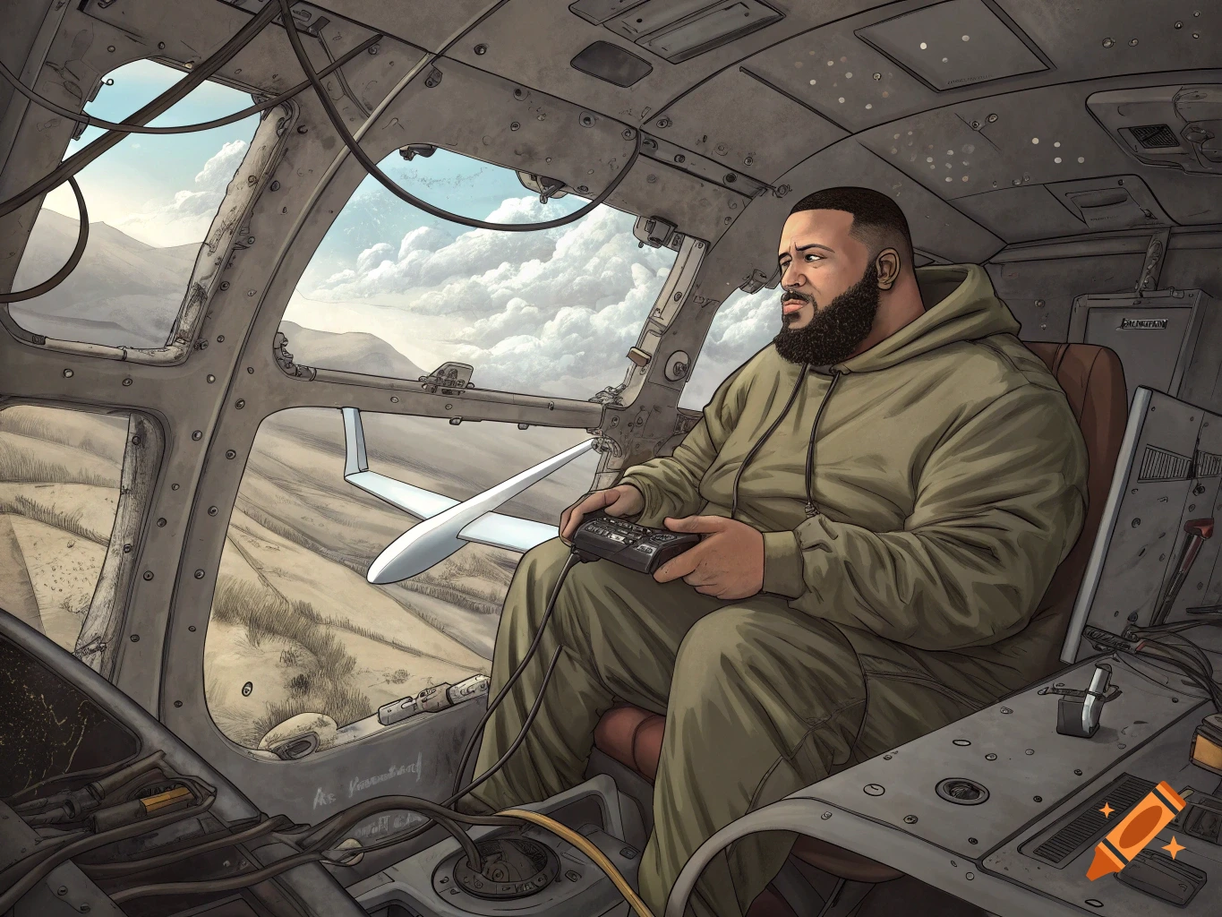 Man in a cockpit controlling a crashing drone, illustrated style.