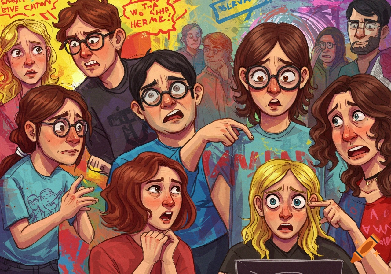A stylized illustration of a diverse group of people with shocked and scared expressions, pointing.