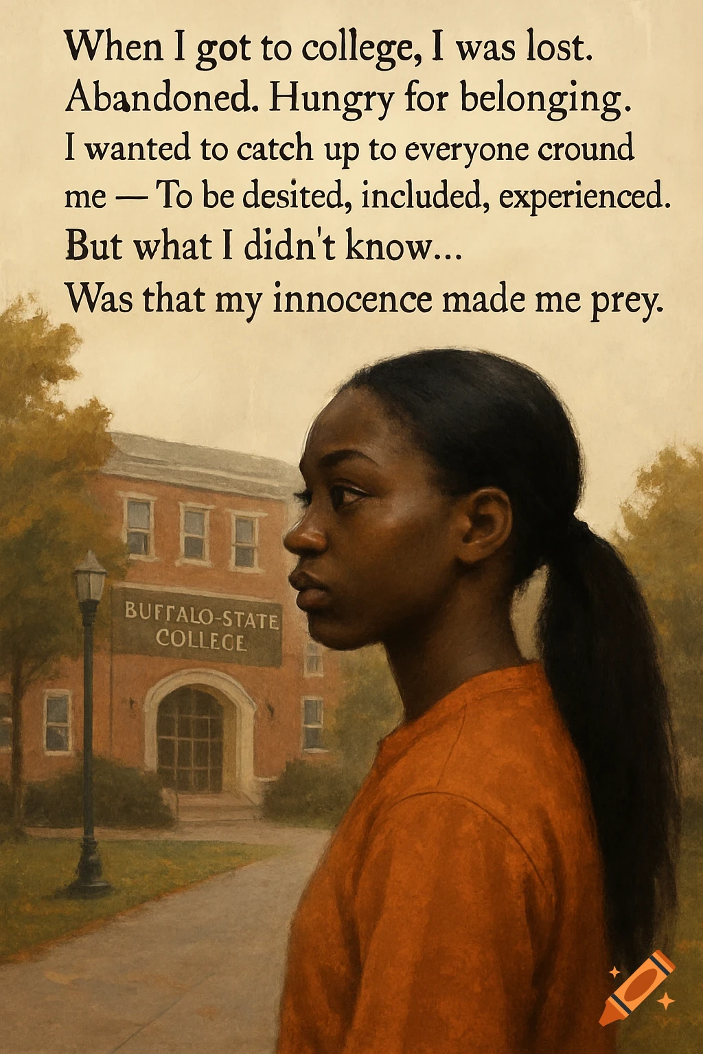 Painterly illustration of a young Black woman in orange shirt outside a college building with overlaid text.