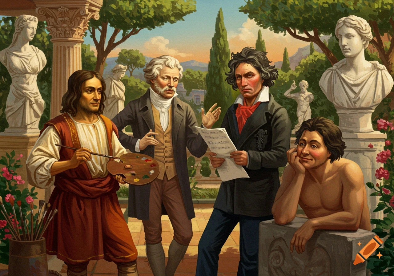 Four historical figures including a painter and a composer stand in a garden with sculptures.