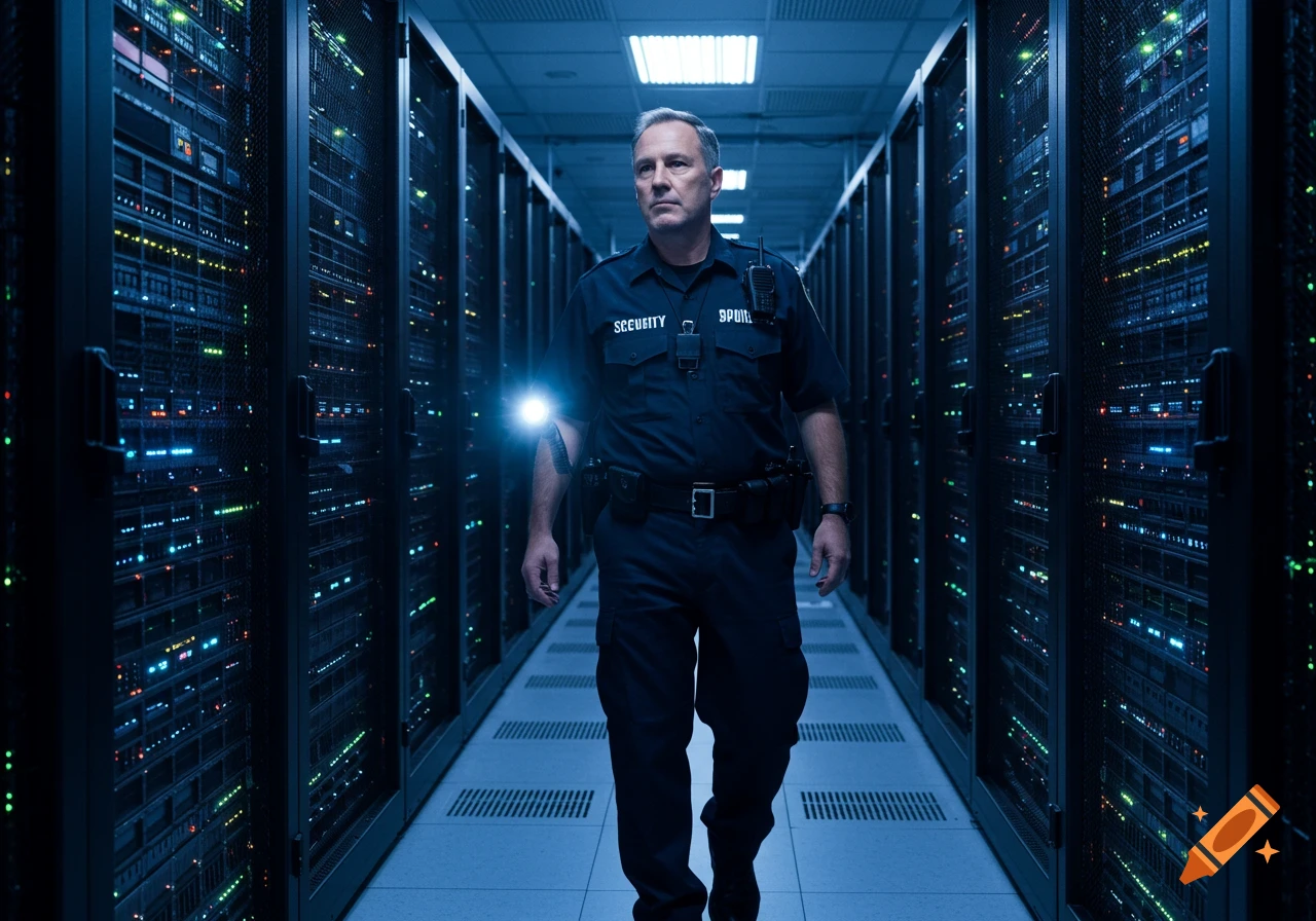 A security guard with a flashlight walks down an aisle between server racks in a data center.
