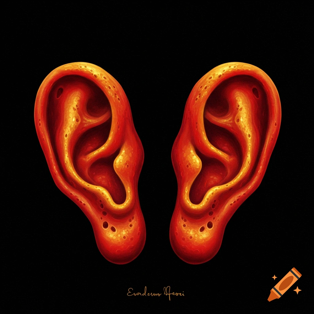 Two glowing, stylized red and orange ears against a black background.