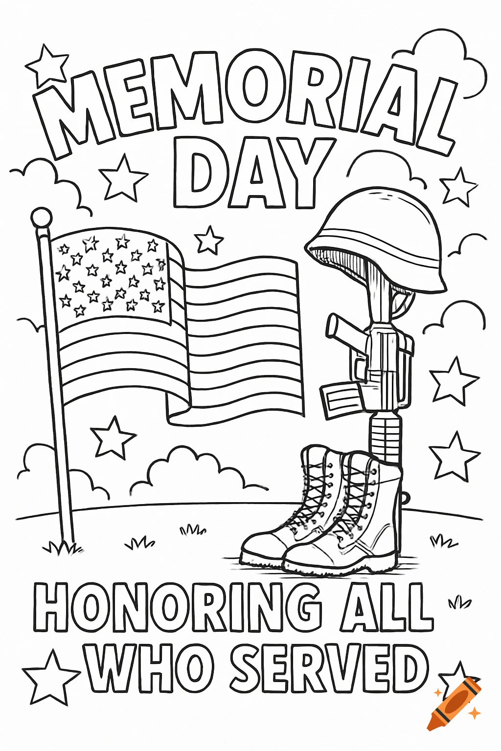 Black and white coloring page for Memorial Day featuring an American flag, military boots, helmet, and rifle, with text 'Memorial Day Honoring All Who Served'.