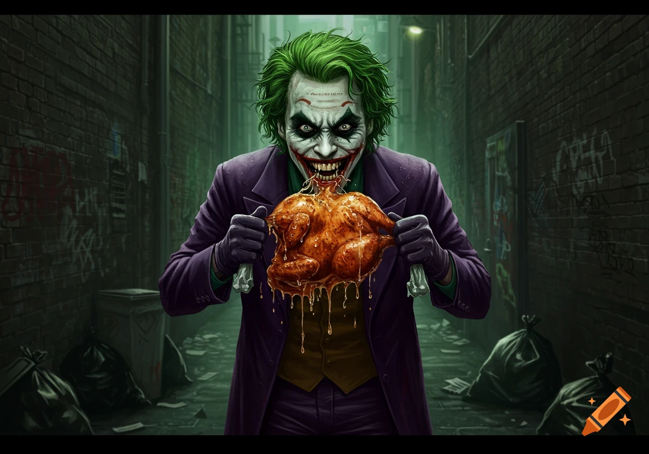The Joker stands in a dark alley holding a dripping rotisserie chicken, grinning manically.