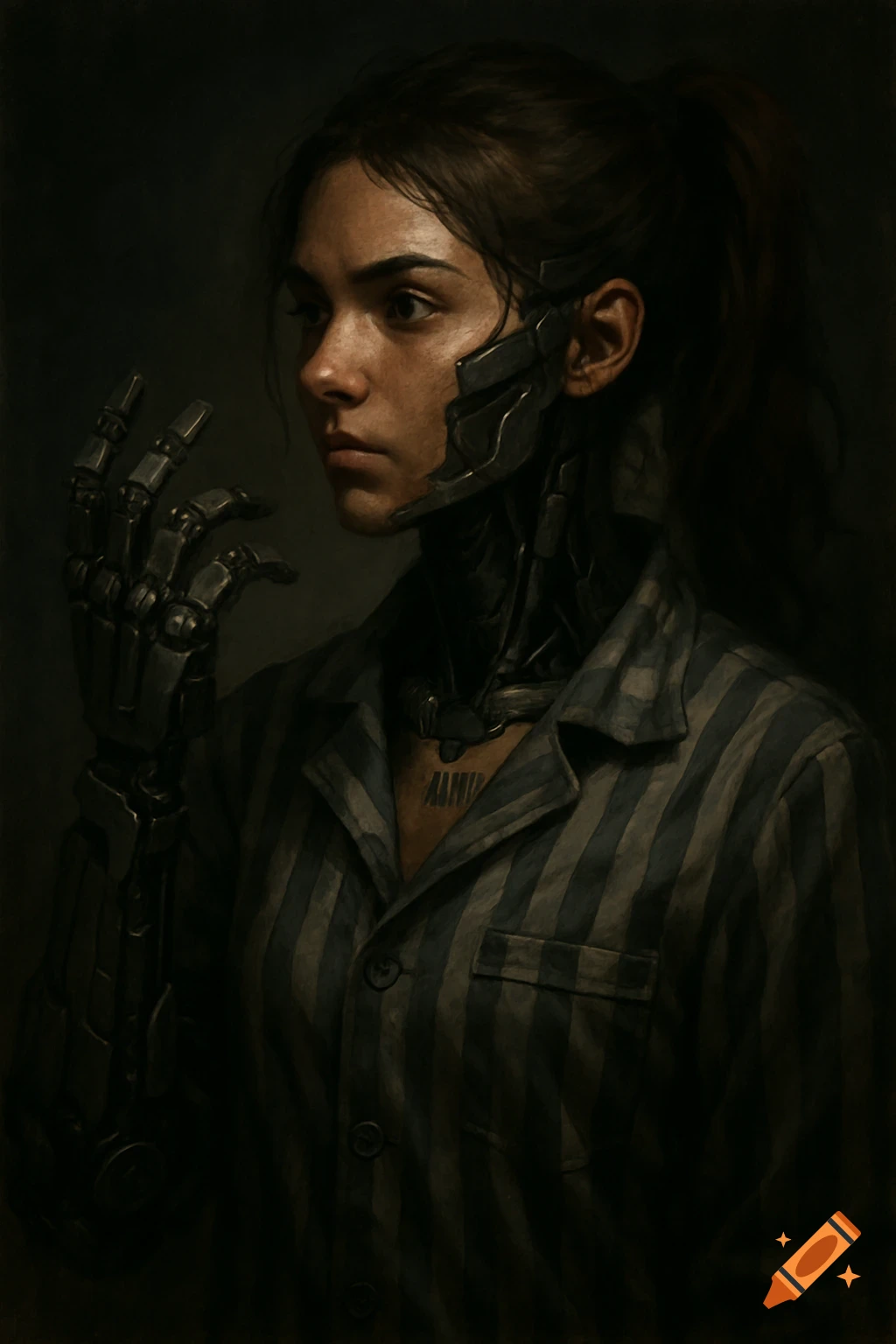 A portrait painting of a woman with a mechanical arm and neck, wearing a striped shirt.