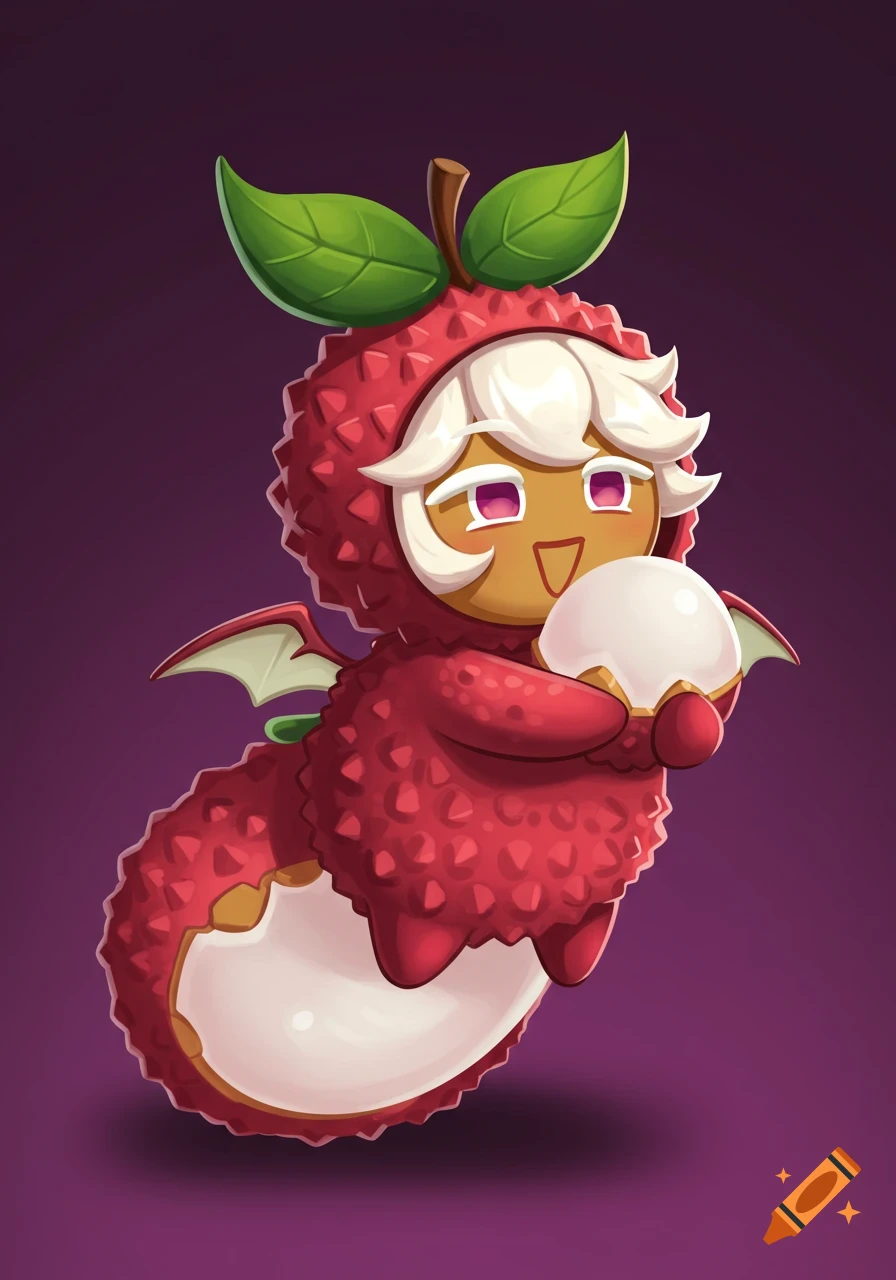 Cartoon character in a red bumpy lychee costume with dragon wings holds a white pearl.