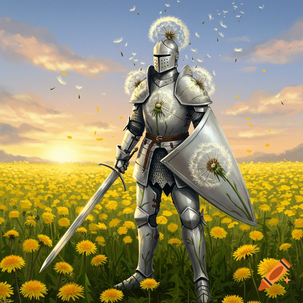 A knight figure made of armor and dandelions stands in a field of yellow dandelions under a bright sunset.