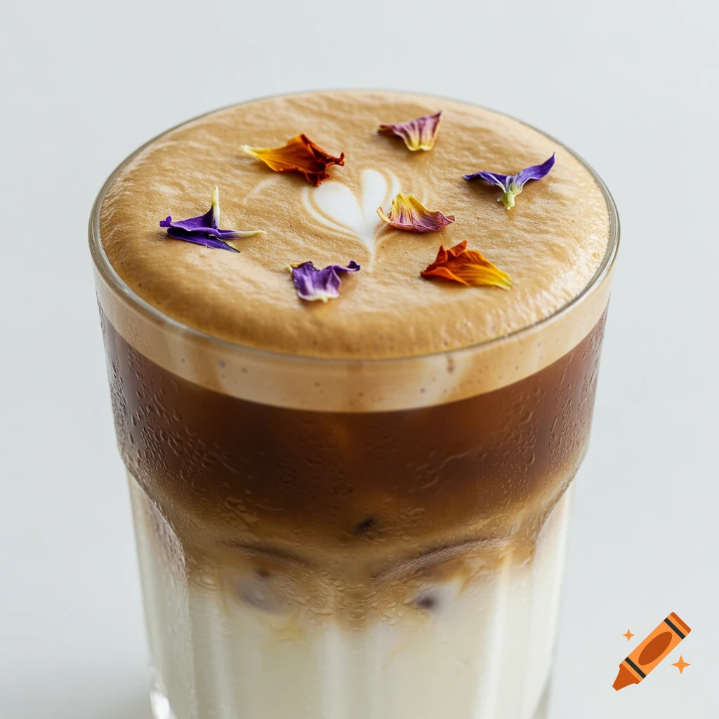 Close-up of an iced latte with foam and small floral petals on top