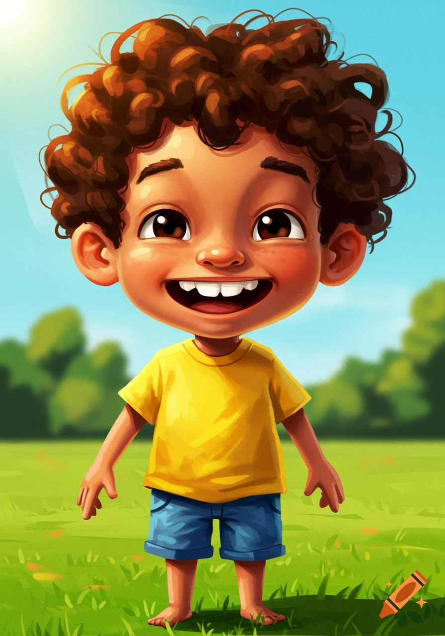 A cartoon boy with brown curly hair wearing a yellow shirt stands in a ...