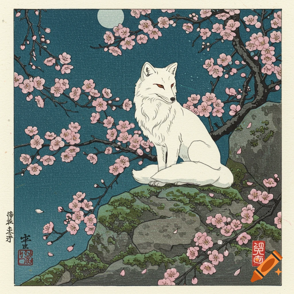 White fox on a rock under cherry blossoms at night, Japanese woodblock print style.