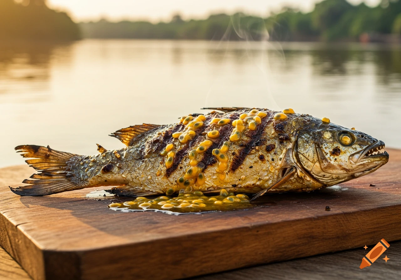 Grilled fish topped with passionfruit on a wooden board by a river