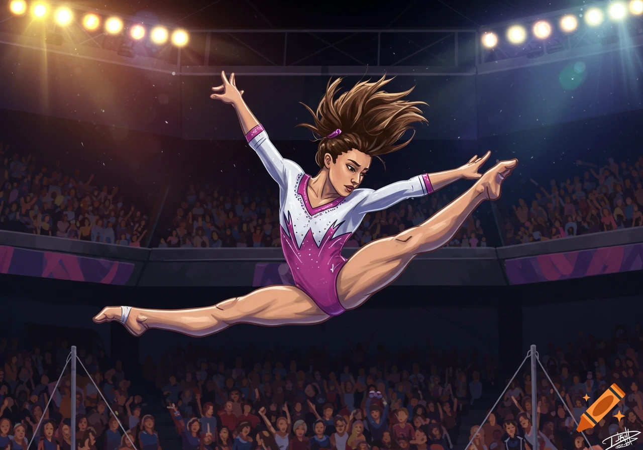 Female gymnast performing a split leap in a stadium