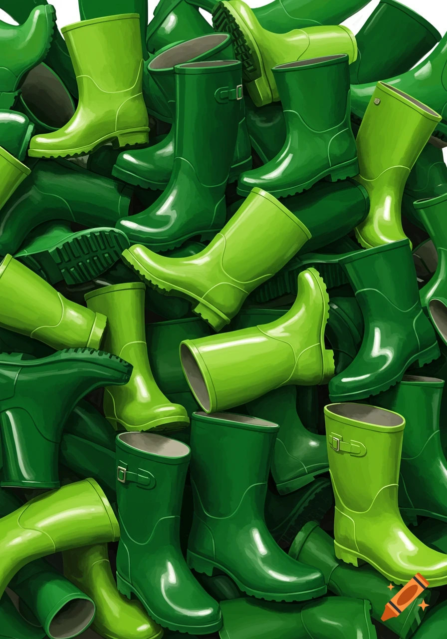 A pile of green rain boots in various shades.