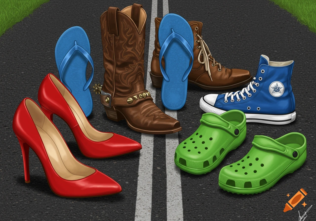 Different types of shoes, including red heels, cowboy boots, flip-flops, Crocs, and sneakers, are placed on a two-lane blacktop road.