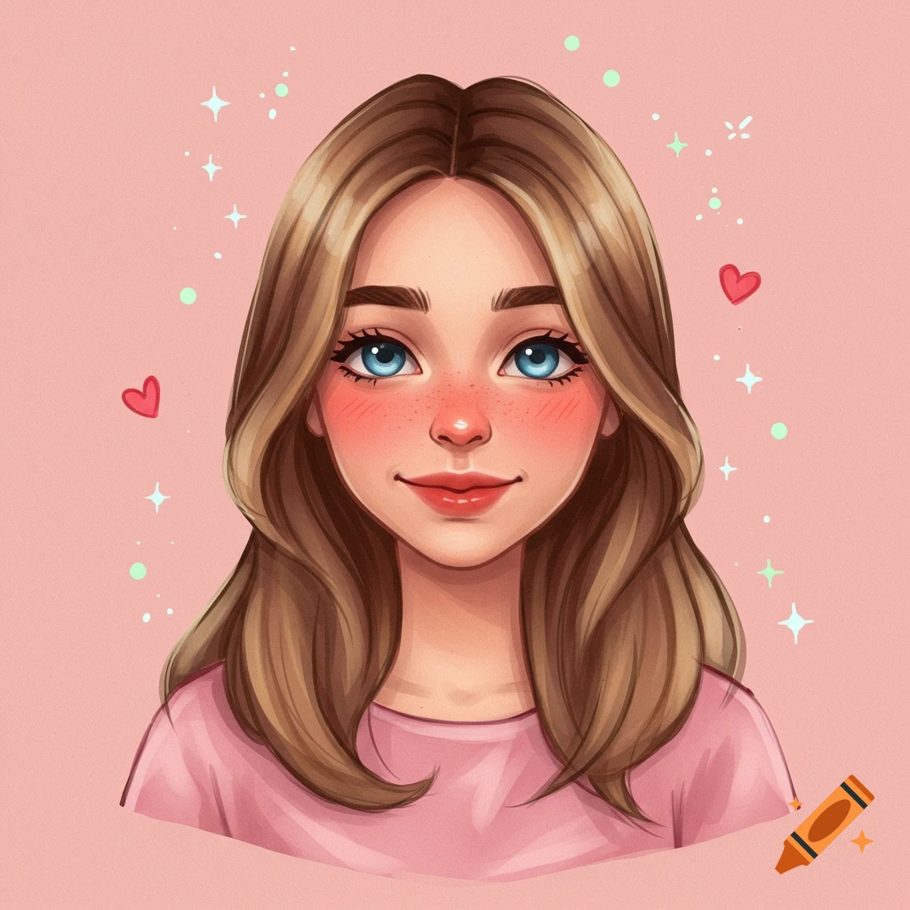 Animated portrait of a young girl with brown hair and blue eyes, smiling with rosy cheeks, surrounded by sparkles and hearts.