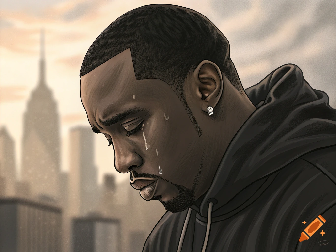 Stylized portrait of a man resembling P Diddy crying with a city skyline in the background.