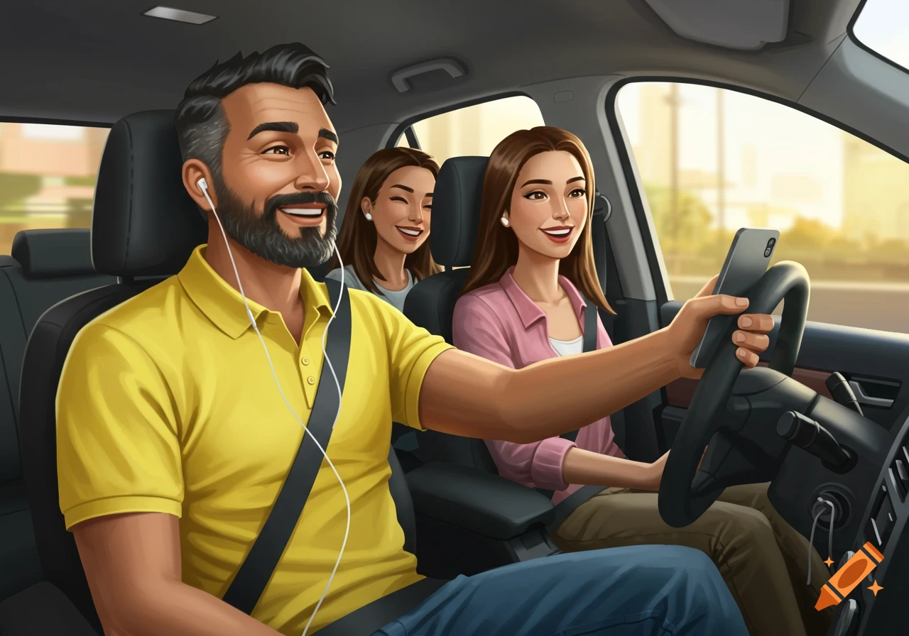 Illustration of a happy man driving a car with two female passengers.