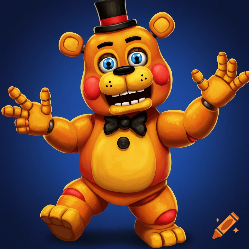 A cartoon character of Toy Freddy from Five Nights at Freddy's poses.