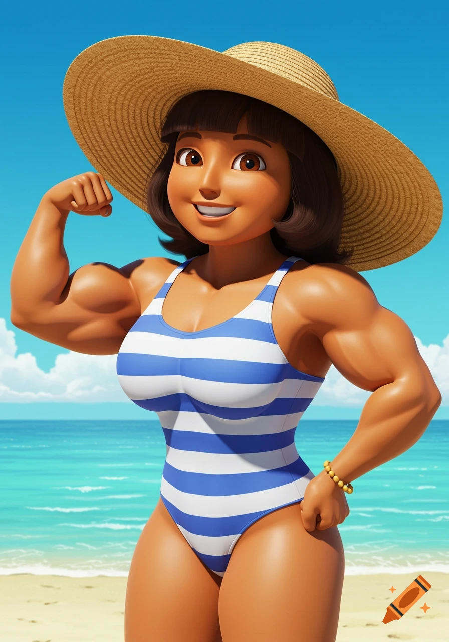 A muscular cartoon woman in a striped swimsuit flexing on a beach.