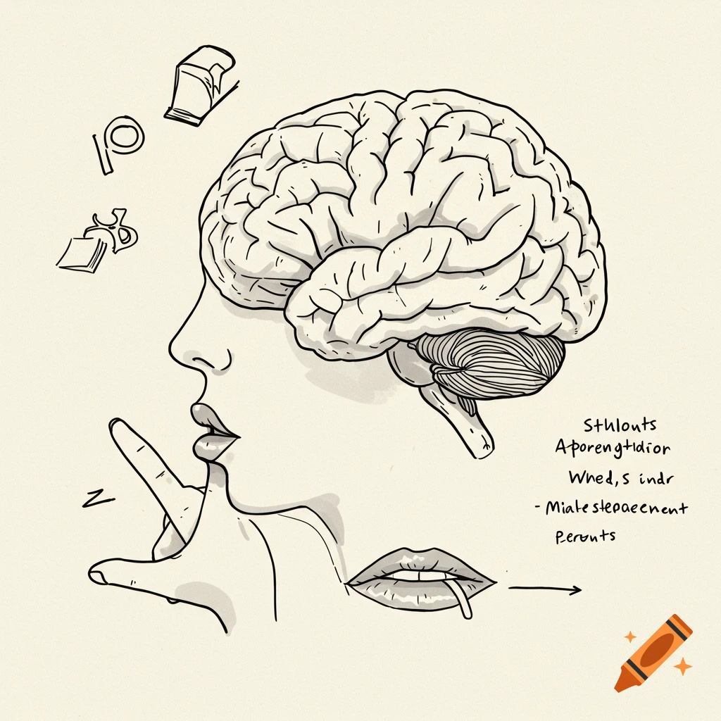 Line art illustration of a person's profile showing their brain and mouth, with symbols for learning and stuttering.