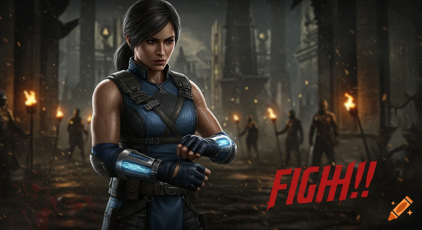 Sonya Blade preparing for a fight in a dark, torch-lit arena with text 'FIGHT!!'. Realistic digital art.