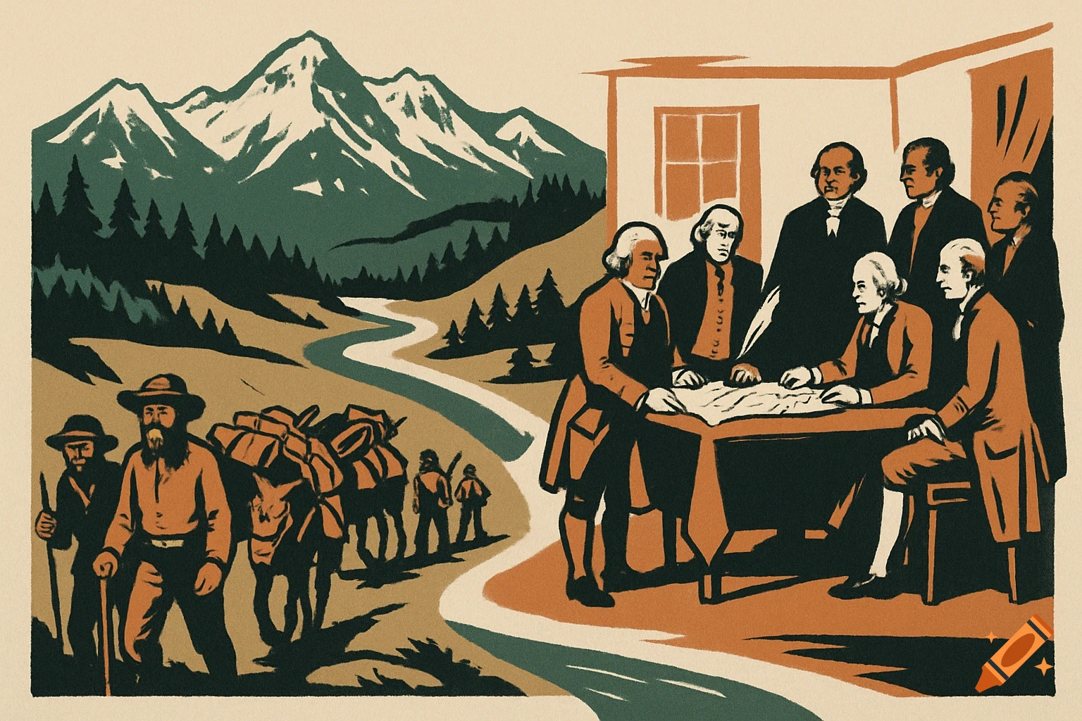 Split image: historical figures signing indoors, gold miners with mules in a mountain landscape, vintage illustration style.