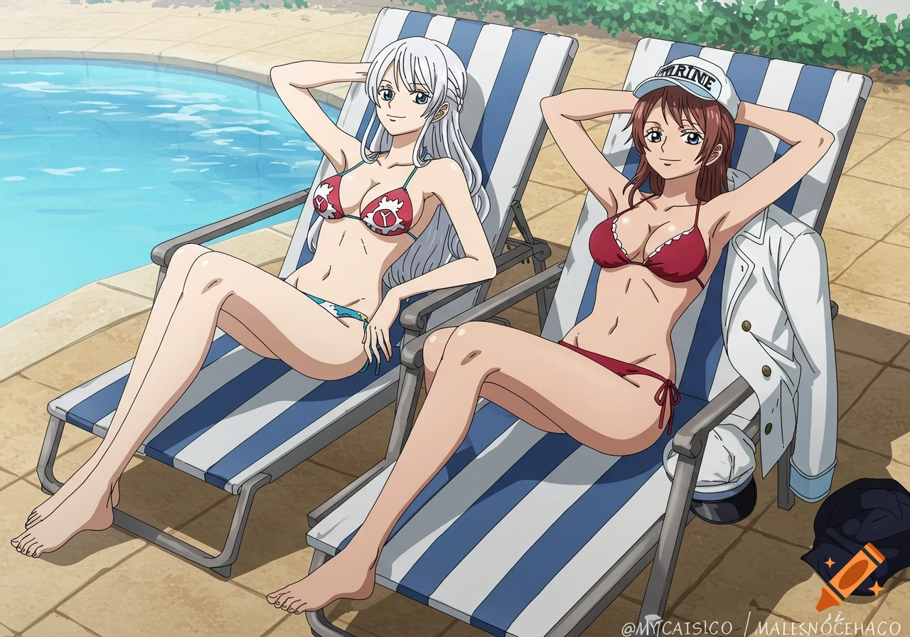 Two anime women in bikinis relax on lounge chairs by a pool. One wears a white marine cap.