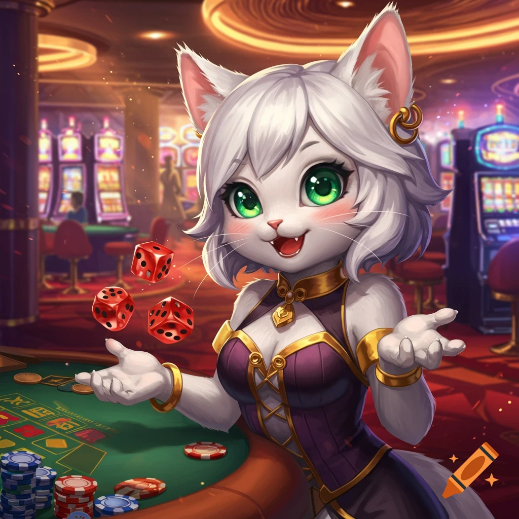 A cute white cat girl in a purple and gold dress throws red dice at a roulette table in a vibrant casino, anime style.